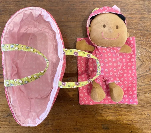 LILLIPUTIENS small fabric doll (rattle) and carry basket with blanket playset