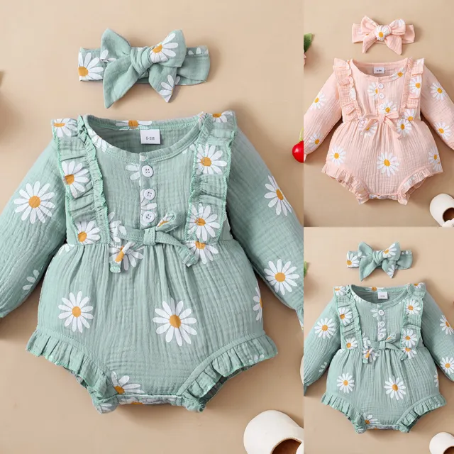 Newborn Baby Girl Floral Romper Bodysuit Jumpsuit Headband Clothes Outfits Set