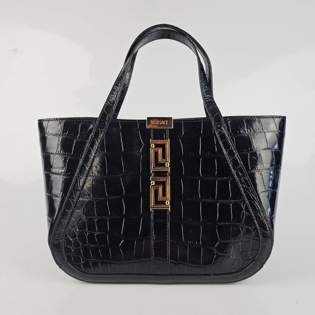 Versace Greca Goddess Small Croc Effect Leather Black Tote Bag New FW23