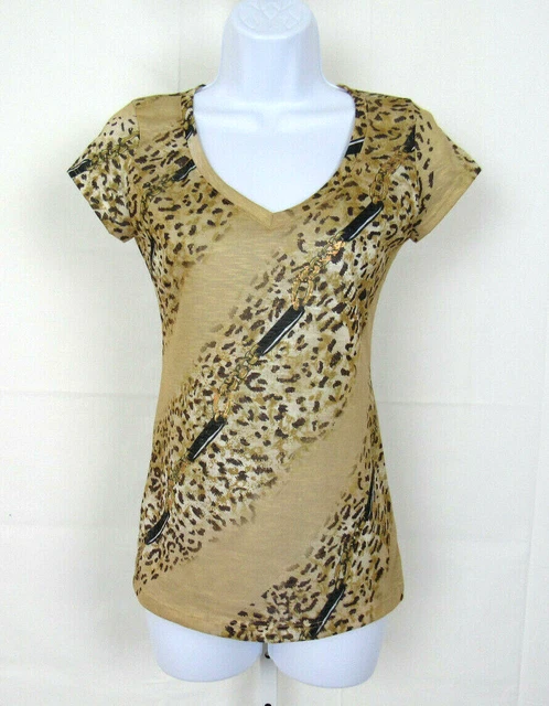 VTG 1980s CACHE LEOPARD PRINT TOP SIZE XS GOLDEN CHAIN LEATHER STRAP POLYESTER