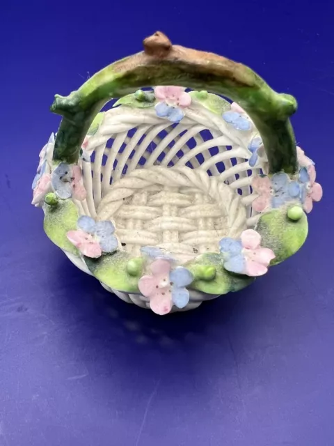 CROWN STAFFORDSHIRE Small White Porcelain Woven Basket w/ Multicolor Flowers