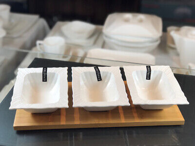 10x12 cm Premium Schälchen aus bruchfestem Keramik KITCHENLY Schalen Set mit Bambus Untersetzer 3-teiliges Dipschalen Set Snackschalen Weiß mit passendem Untersetzer ideal für Snacks & Dips 