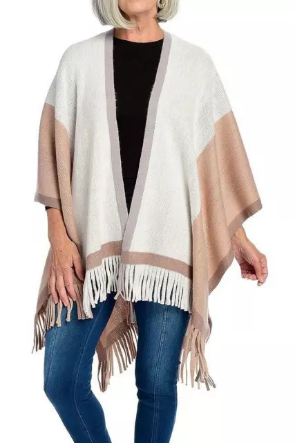 NEW - Harve Benard Knit Color Block Fringe Detailed Ruana Wrap