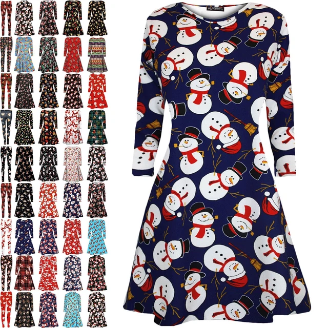 Women Ladies Kids Girls Xmas Santa Gifts Christmas Print Skater Mini Swing Dress
