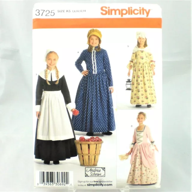 Simplicity Sewing Pattern Uncut 3725 K5 7-14 Pioneer Girl Colonial Costume Amish