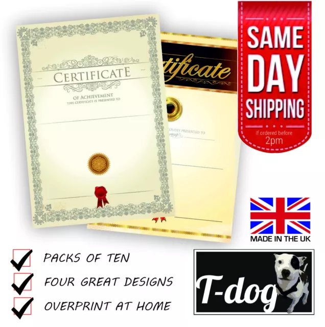 A4 CERTIFICATE BLANKS four different designs to choose from, pack of 10