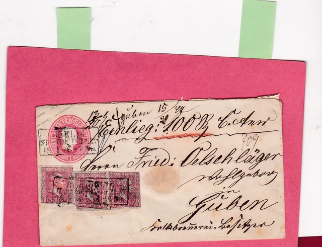 um 1855 Preußen Berlin Wert-Brief Ganzsache + 3 Markennach Güben