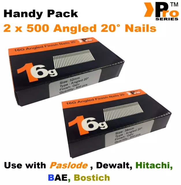 Mixed 16g ANGLED 20° Nails - 2 x 500 32mm + 38mm nail pack for Dewalt, Paslode