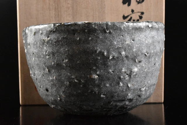 M1990: Japanese Kiyomizu-ware glay glaze TEA BOWL Green tea tool w/signed box
