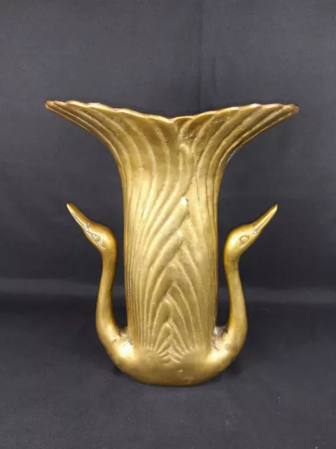 Vintage Brass Double Swan Vase Heavy Solid 10" H