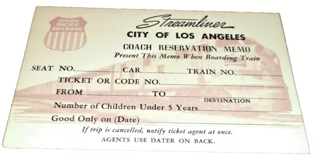 Union Pacific City Of Los Angeles Coach Unused Reservation Slip
