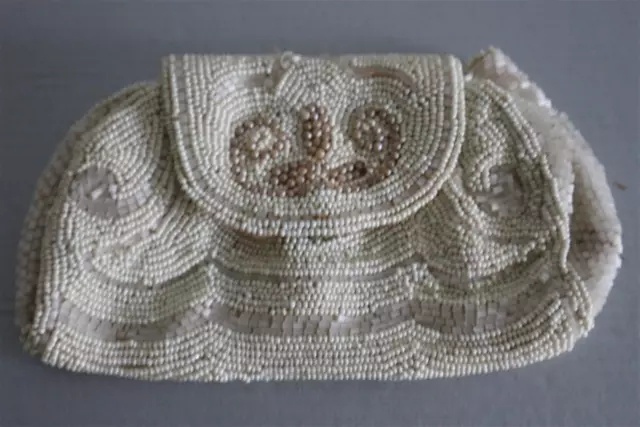Ancien petit sac a main bourse pochette de bal reticule brodée PERLES art deco