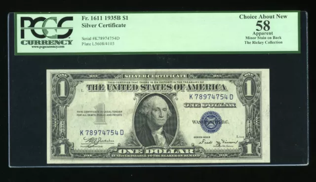 DBR $1 1935-B Silver Vinson KD Block Fr. 1611 PCGS App 58 Serial K78974754D