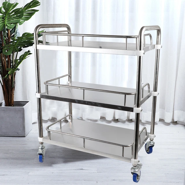 3 Tiers Silver Trolley Stainless Steel Durable Lab Mobile Rolling Serving Cart