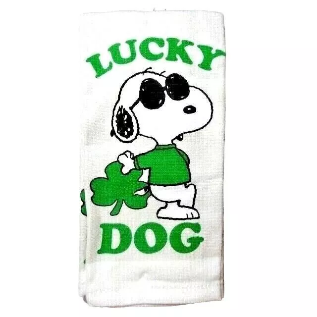 Peanuts Snoopy Lucky Dog  Kitchen Towels Green Shamrock Sunglasses Cotton 2-Pc