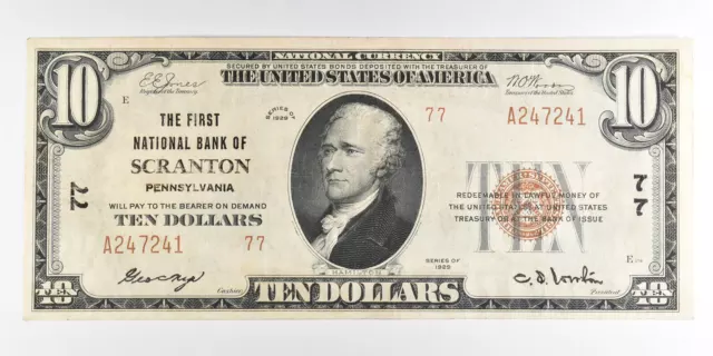 1929 $10 Scranton PA National Currency Note CH 77 *9834