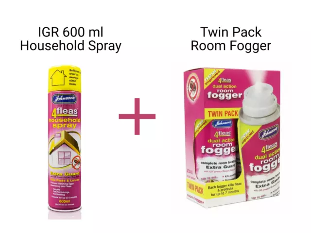 Johnsons 4 pulgas spray IGR 600 ml y nebulizador de habitación paquete doble bomba asesina de pulgas