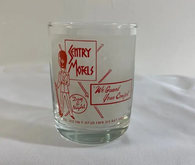 Vintage MCM 3 3/4" SENTRY MOTELS GLASS TUMBLER Clear Glass Advertising Souvenir