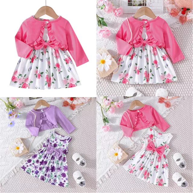 Newborn Baby Girls Floral Dress Toddler Ruffle Sundress Cardigan Outfit Clothes