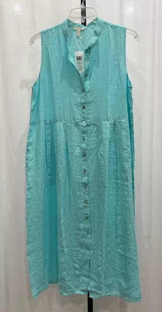 NWT! EILEEN FISHER $248 L 'Aqua' Mint Blue Mandarin Collar Dress Linen Mach Wash