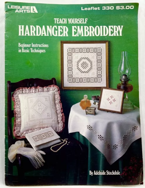 1984 Leisure Arts Teach Yourself Hardanger bordado 330 libro de patrones de colección 10637