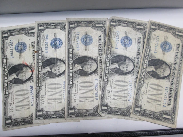 Five 1928 $1 Silver Certificate Notes- Funny Back