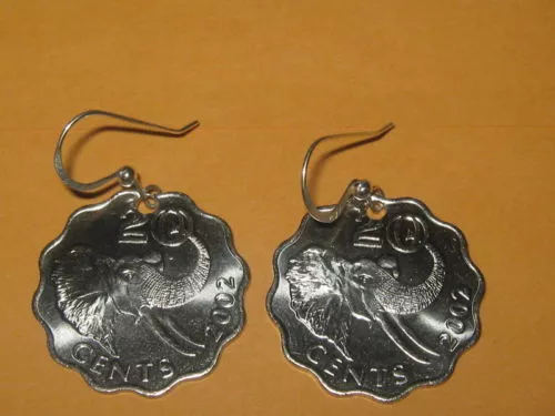 Handmade Silver Tone African Africa Swaziland Elephant Coin Dangle Earrings Handmade Silver Tone African Africa Swaziland Elephant Coin Dangle Earrings