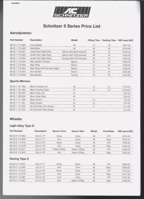 AC Schnitzer BMW 5-Series E39 Accessories Price List c2000 UK Market Brochure