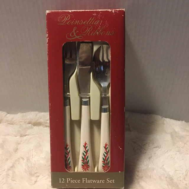 Vintage Poinsettia Ribbon Christmas Regent Sheffield Flatware Set 12 piece NOS