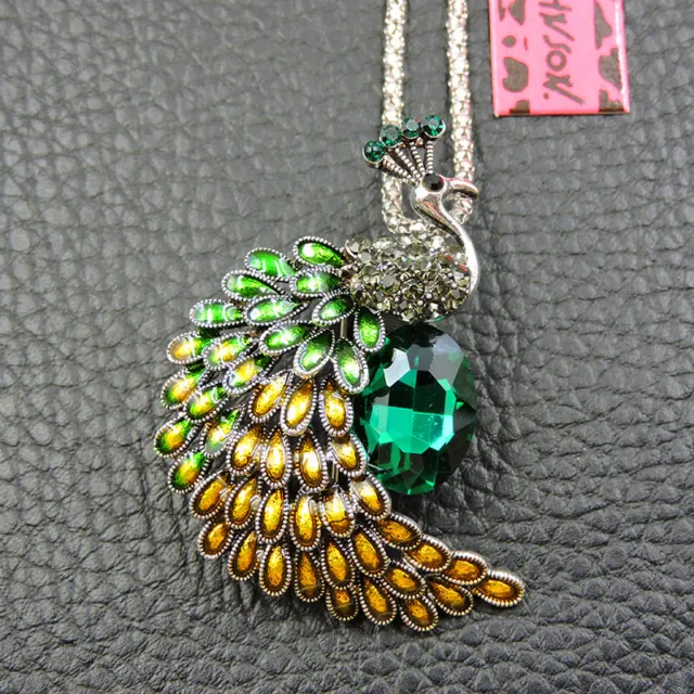 Fashion Enamel Rhinestone Betsey Johnson Green Peacock Pendant Chain Necklace