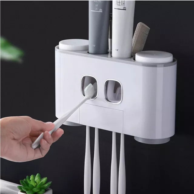 Automatic Toothbrush Holder Toothpaste Dispenser Wall Mounted + 4 Cups UK