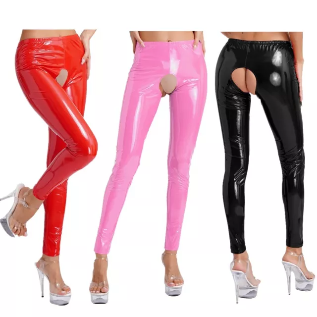 Damen Lackleder Leggings Lederhose Glänzend Schritt Offen Hose Strumpfhose Sexy