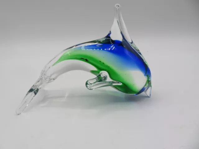 Art Glass Blue Green Hand Blown Leaping Dolphin Figurine Paperweight 5”Long (1a)