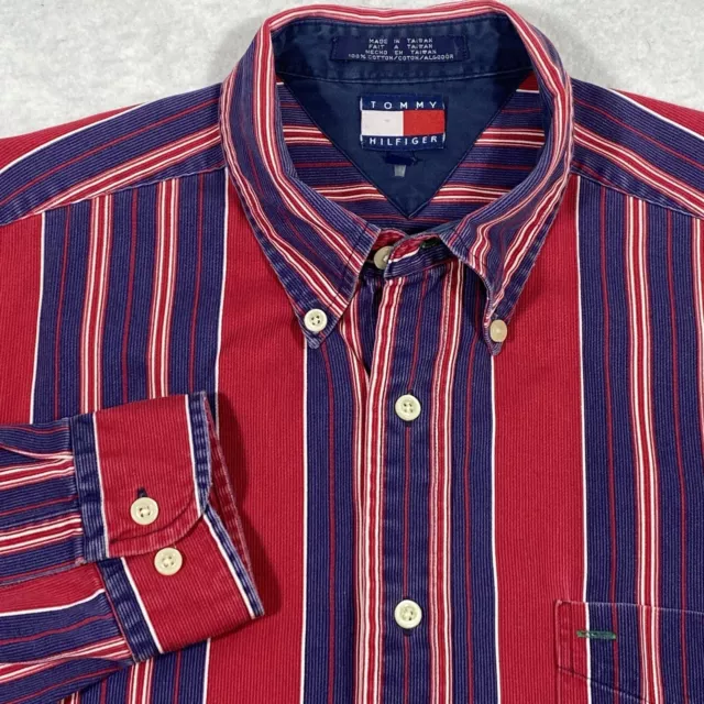 Vintage 90s Tommy Hilfiger Button Down Shirt Men’s L Red Blue Striped w/ Crest