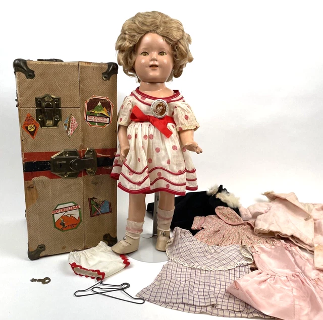 Vintage Shirley Temple Doll Composition 17" Trunk Case Original Clothes Shoes