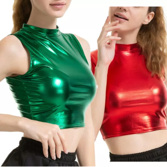 Women Metallic Shiny Sleeveless Crop Top Lady T-shirt Vest Tops Party Clubwear