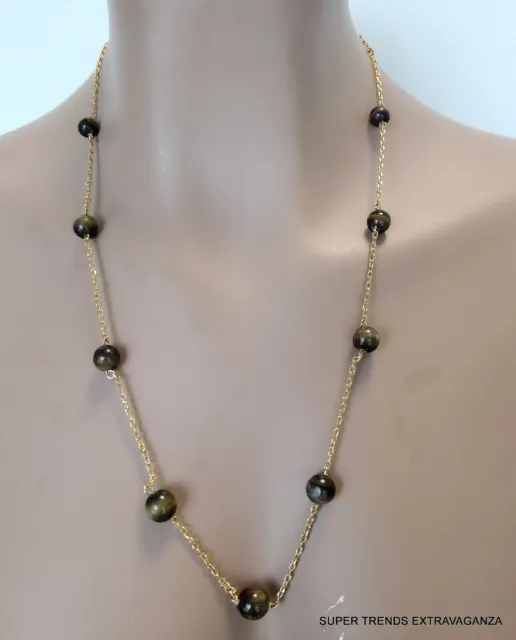 Vtg Tiger's Eye "By The Yard" Bead Yellow Gold Tone Chain Link 24.25" Necklace