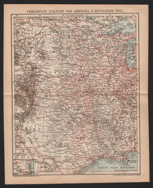 Landkarte map 1899: VEREINIGTE STAATEN VON AMERIKA II. - Mittlerer Teil. U.S.A.