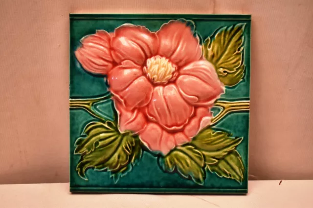 Antique Japan Tile Majolica Art Nouveau Saji Flower High Embossed Green Pink"I1