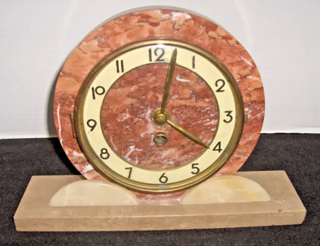 Art Deco 1930's Red &Tan Marble Mantel Winding Clock No Key, Works!