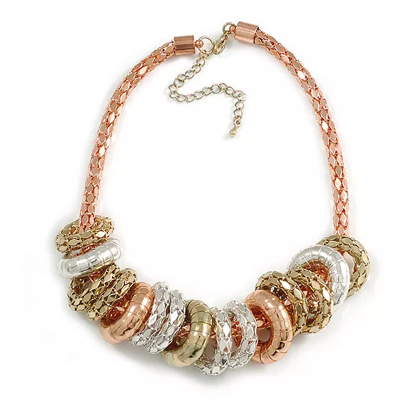 3-Tone Metal Mesh Ring Choker Necklace (Gold, Silver & Copper Tone) - 32cm