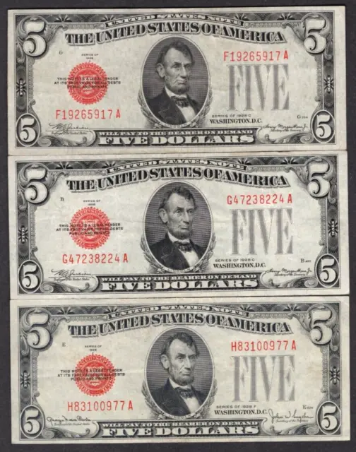 Lot of 3 1928 $5 Five Dollar Bills Red Seal S477