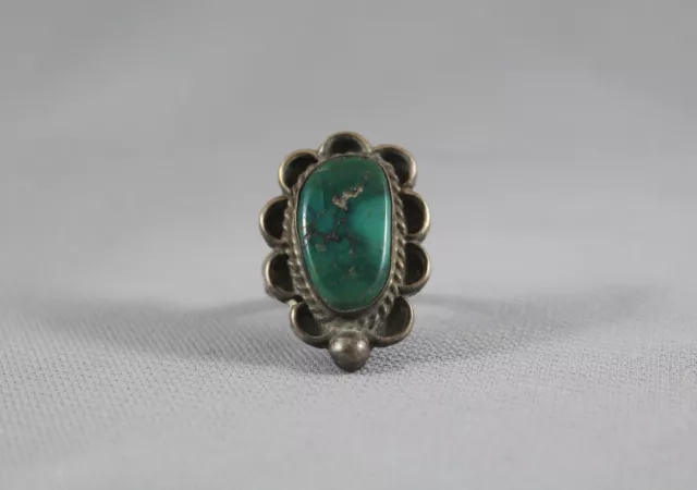 Old Pawn Navajo Indian Silver Ring - Great Dark Green Turquoise Stone - Sz 7 3/4