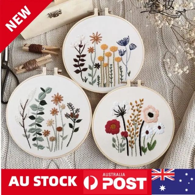 DIY Flowers Pattern Embroidery Kits Craft Beginner Needlepoint Hoop Cross Stitch