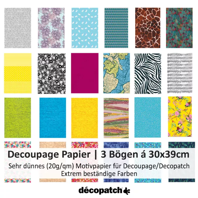 Decoupage / Decopatch Papier, 30x39 cm, 3 Stück, verschiedene Motive, 20g/qm