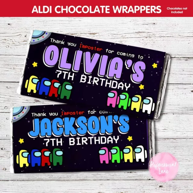 Printed Among Us Birthday Party Choc Chocolate Wrapper Aldi Party Favour