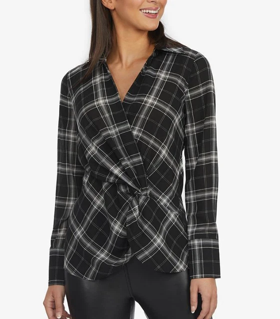 Laundry By Shelli Segal Women's Front Knot Blouse Black Plaid Size Large