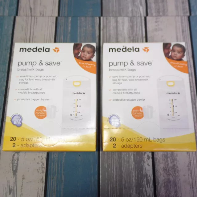 2 Pack- Medela Pump & Save Breastmilk Bags, 20 Count and 2 Adapters Each - NEW!