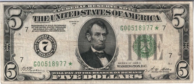 1928A $5 Federal Reserve Gold Demand Note - Chicago Illinois - G00518977* Star!!