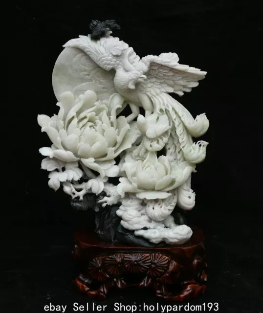 14.8" Chinese Natural Dushan Jade Carving Flower Phoenix Bird Statue Sculpture